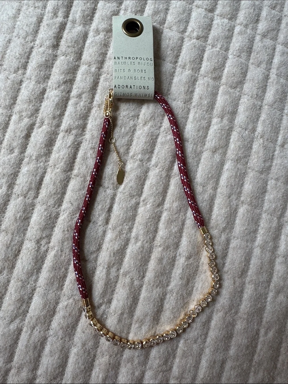 Anthropologie Burgundy Sparkle Rope Necklace with Crystal Strand